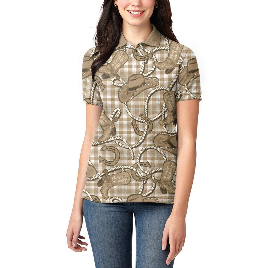 Beige Hawaii Palaka Cowboy Women Polo Shirt Hawaiian Paniolo Festival Spirit