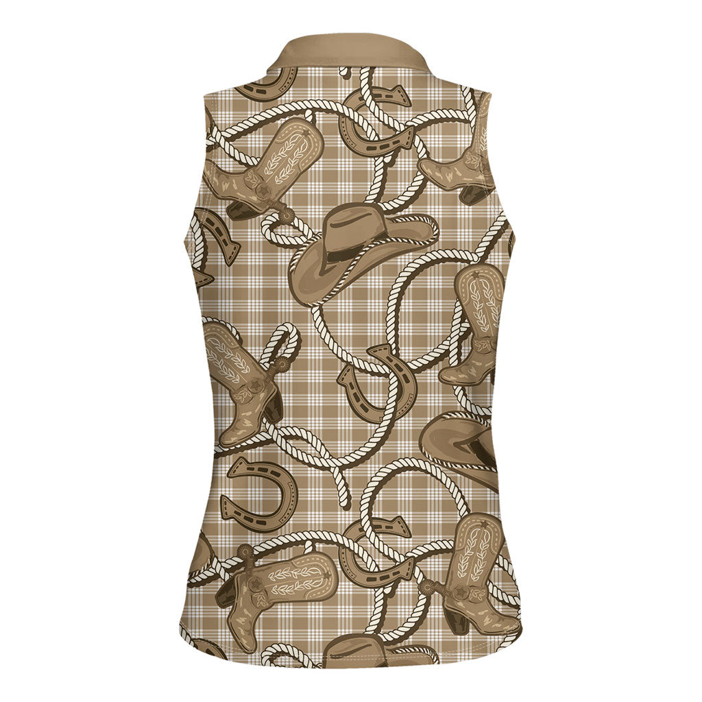 Beige Hawaii Palaka Cowboy Women Sleeveless Polo Shirt Hawaiian Paniolo Festival Spirit