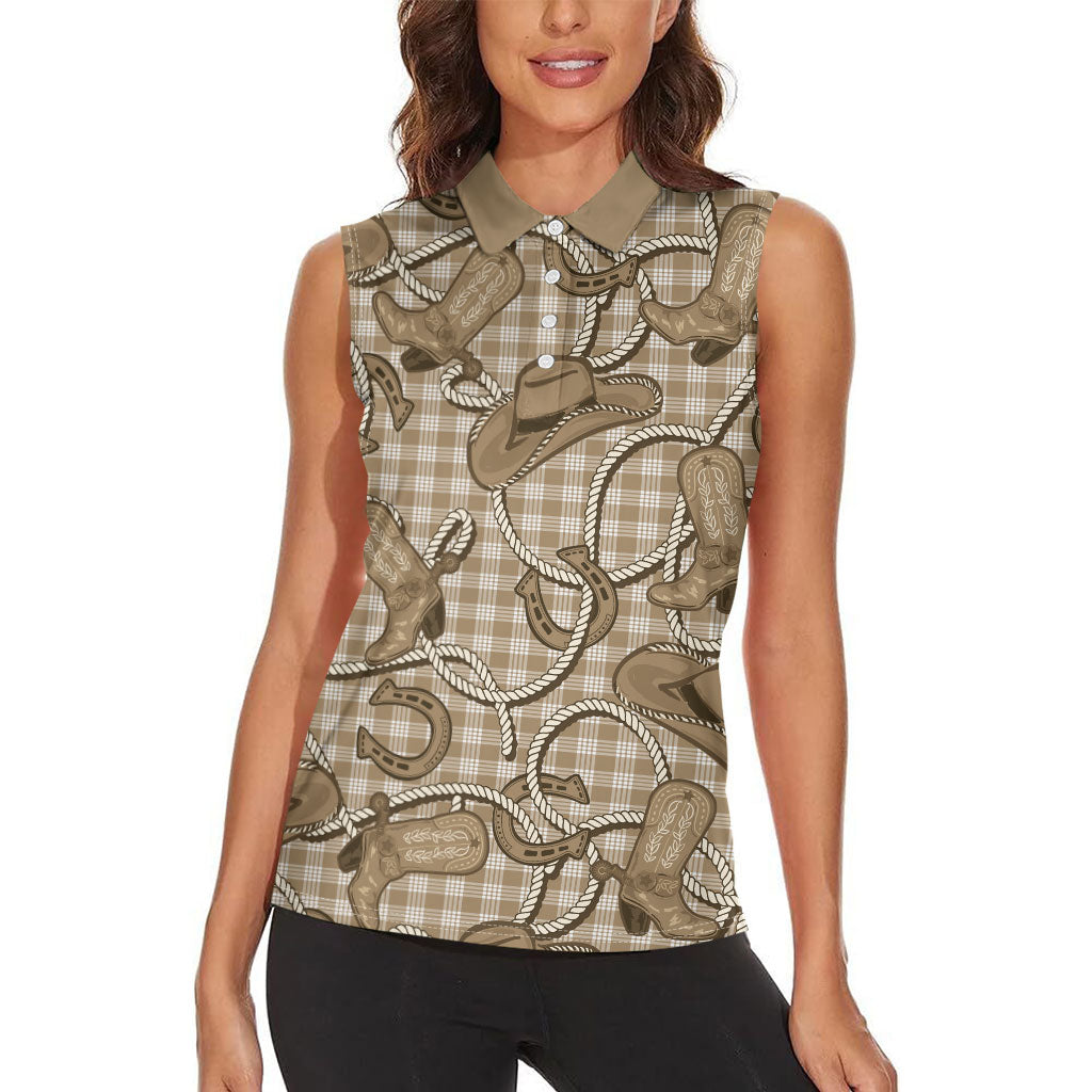 Beige Hawaii Palaka Cowboy Women Sleeveless Polo Shirt Hawaiian Paniolo Festival Spirit