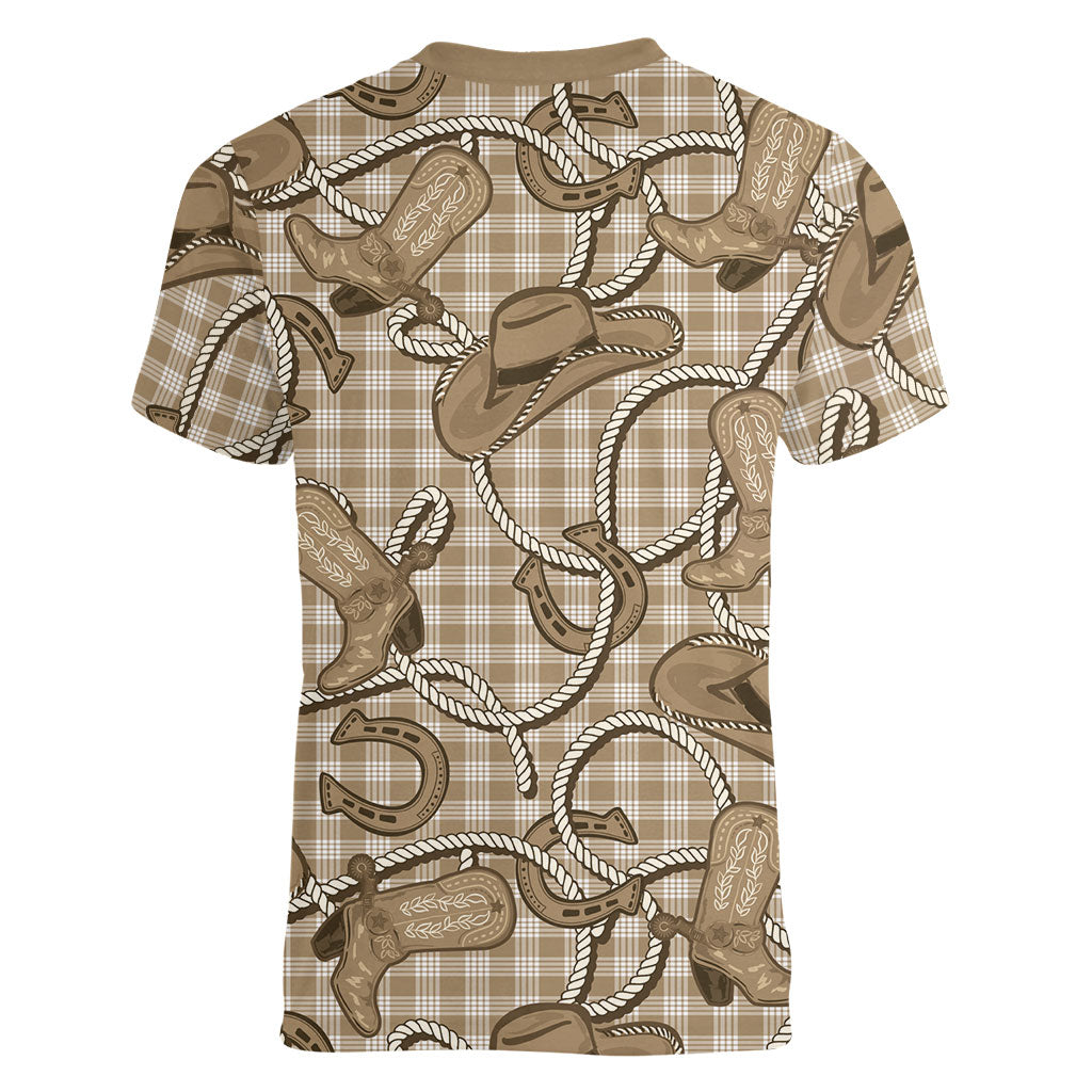 Beige Hawaii Palaka Cowboy Women V-Neck T-Shirt Hawaiian Paniolo Festival Spirit