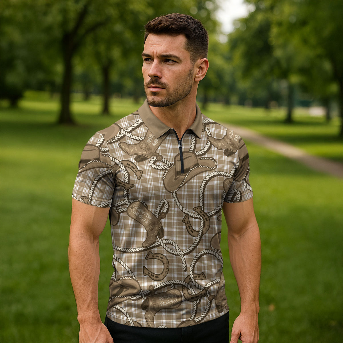 Beige Hawaii Palaka Cowboy Zipper Polo Shirt Hawaiian Paniolo Festival Spirit