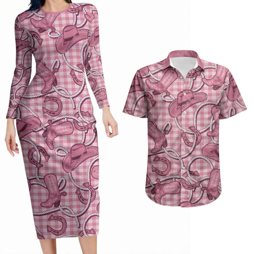 Pink Hawaii Palaka Cowboy Couples Matching Long Sleeve Bodycon Dress and Hawaiian Shirt Hawaiian Paniolo Festival Spirit