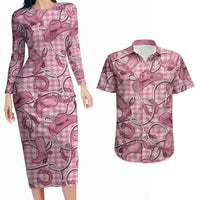 Pink Hawaii Palaka Cowboy Couples Matching Long Sleeve Bodycon Dress and Hawaiian Shirt Hawaiian Paniolo Festival Spirit