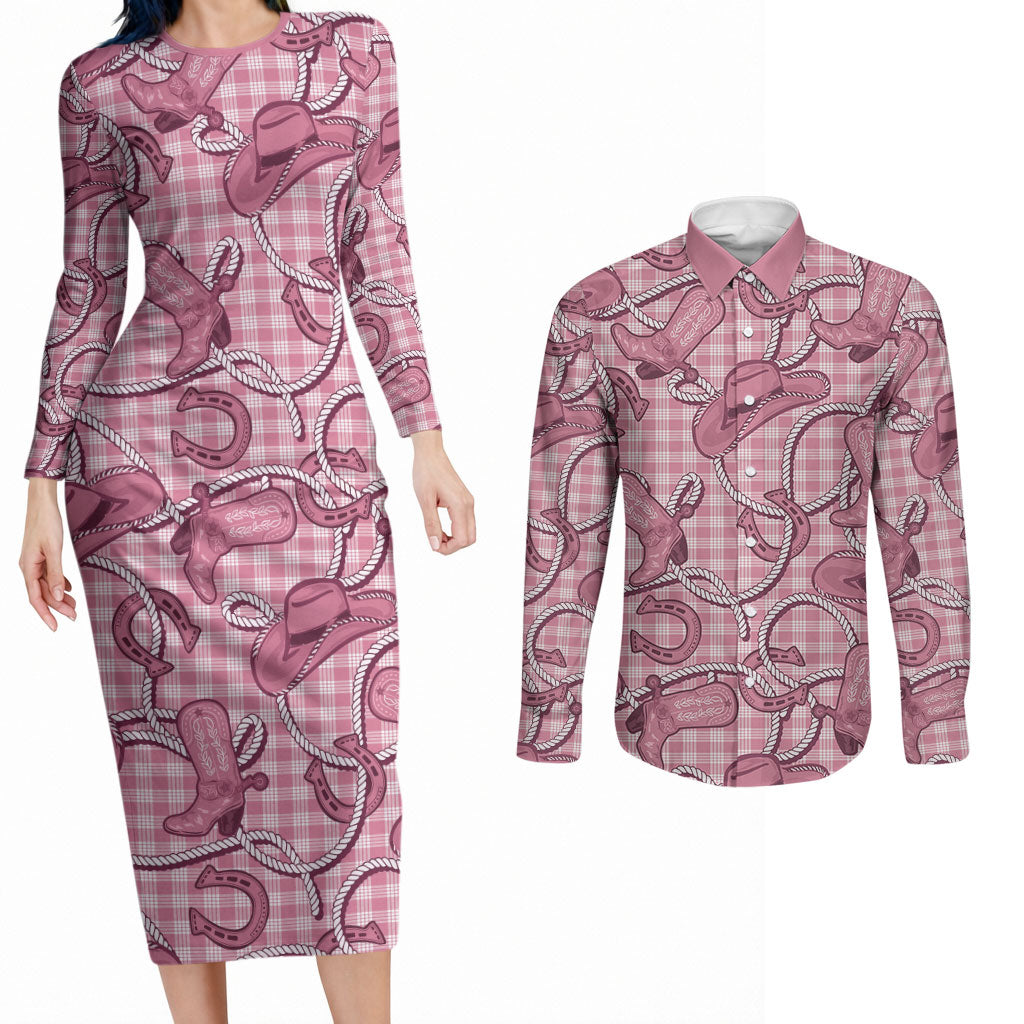 Pink Hawaii Palaka Cowboy Couples Matching Long Sleeve Bodycon Dress and Long Sleeve Button Shirt Hawaiian Paniolo Festival Spirit