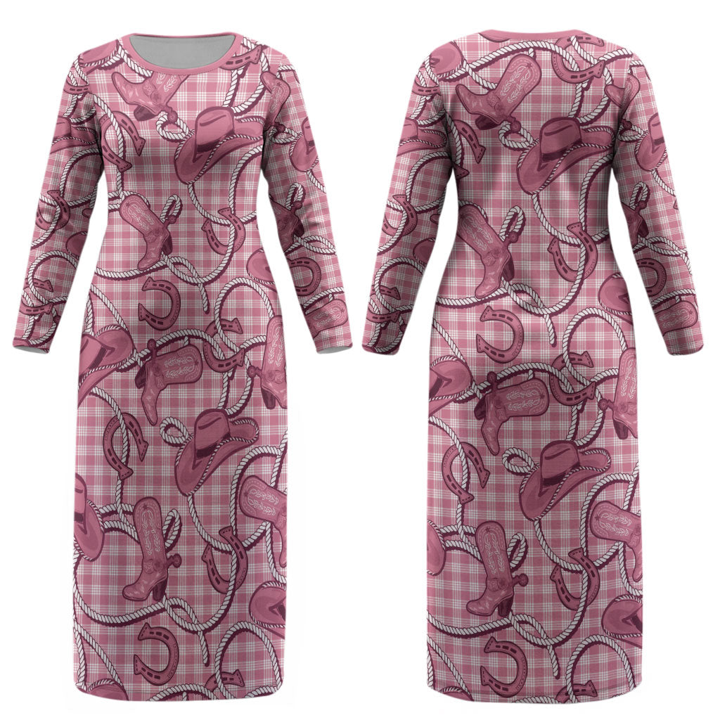 Pink Hawaii Palaka Cowboy Couples Matching Long Sleeve Bodycon Dress and Long Sleeve Button Shirt Hawaiian Paniolo Festival Spirit