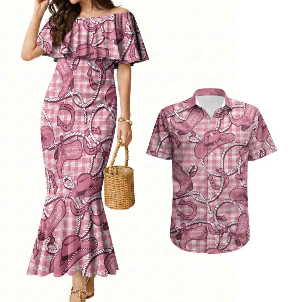 Pink Hawaii Palaka Cowboy Couples Matching Mermaid Dress and Hawaiian Shirt Hawaiian Paniolo Festival Spirit