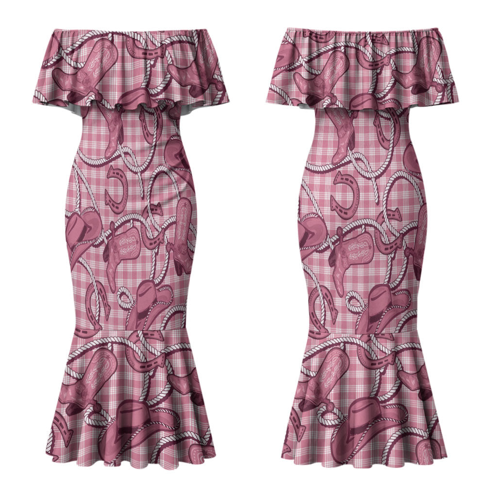 Pink Hawaii Palaka Cowboy Couples Matching Mermaid Dress and Hawaiian Shirt Hawaiian Paniolo Festival Spirit