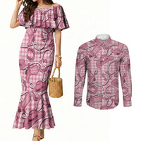 Pink Hawaii Palaka Cowboy Couples Matching Mermaid Dress and Long Sleeve Button Shirt Hawaiian Paniolo Festival Spirit