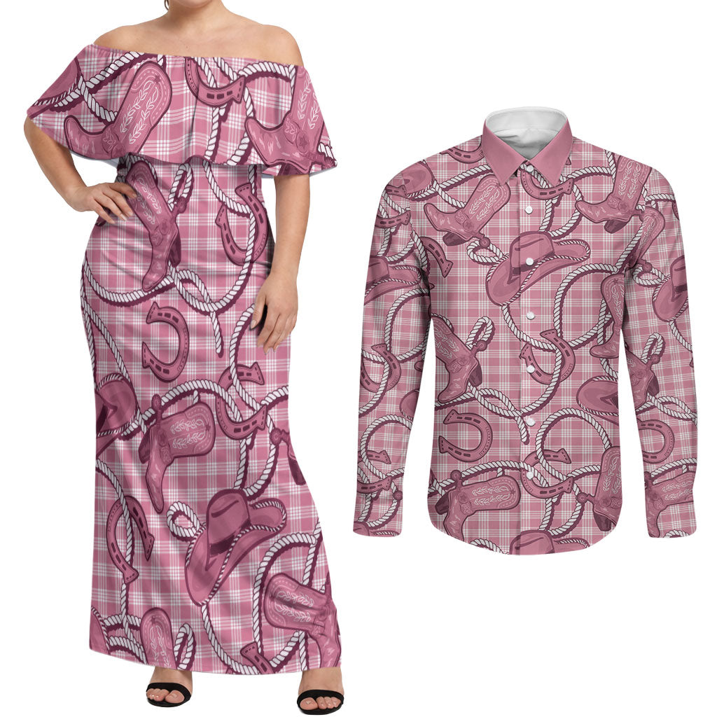 Pink Hawaii Palaka Cowboy Couples Matching Off Shoulder Maxi Dress and Long Sleeve Button Shirt Hawaiian Paniolo Festival Spirit