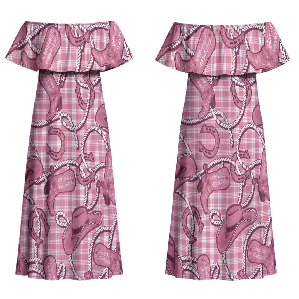 Pink Hawaii Palaka Cowboy Couples Matching Off Shoulder Maxi Dress and Long Sleeve Button Shirt Hawaiian Paniolo Festival Spirit