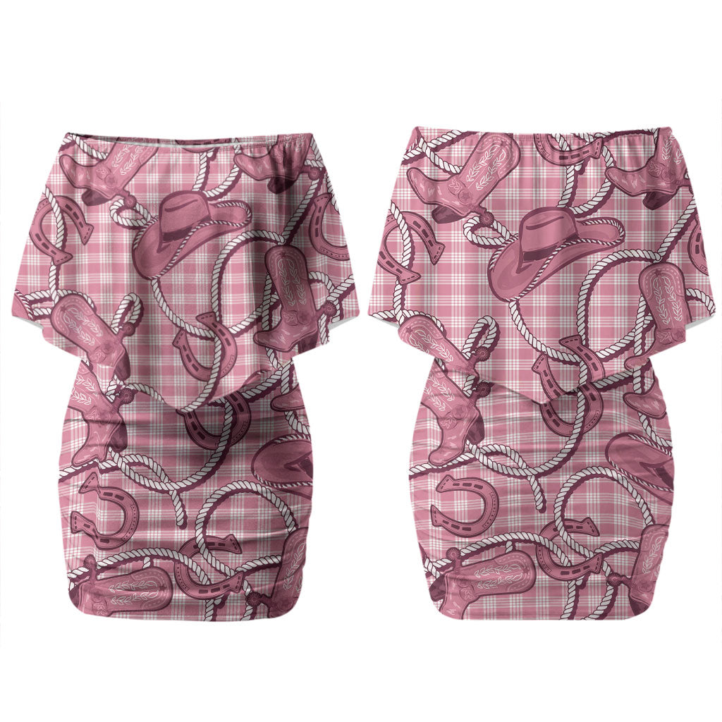 Pink Hawaii Palaka Cowboy Couples Matching Off Shoulder Short Dress and Hawaiian Shirt Hawaiian Paniolo Festival Spirit