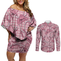 Pink Hawaii Palaka Cowboy Couples Matching Off Shoulder Short Dress and Long Sleeve Button Shirt Hawaiian Paniolo Festival Spirit