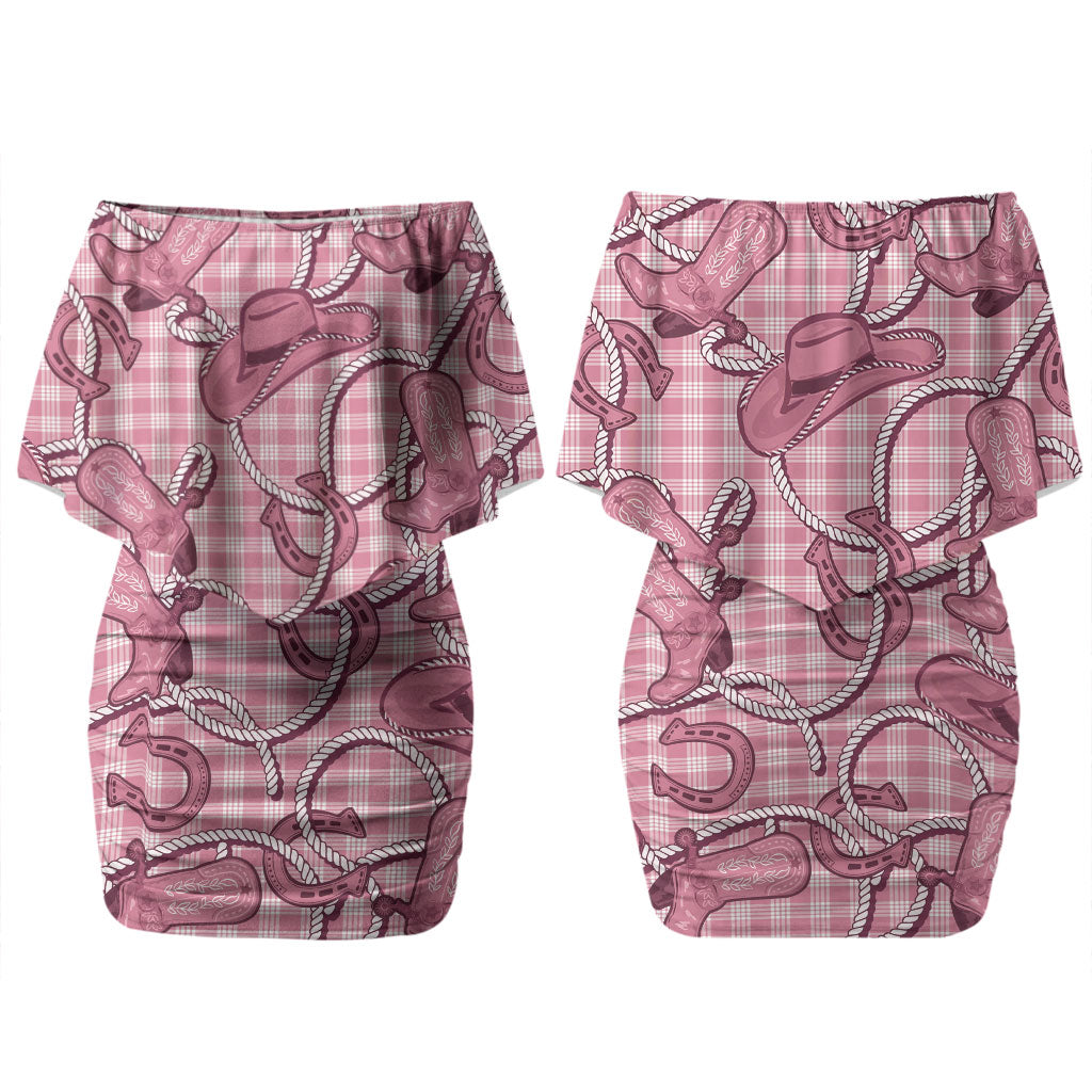 Pink Hawaii Palaka Cowboy Couples Matching Off Shoulder Short Dress and Long Sleeve Button Shirt Hawaiian Paniolo Festival Spirit