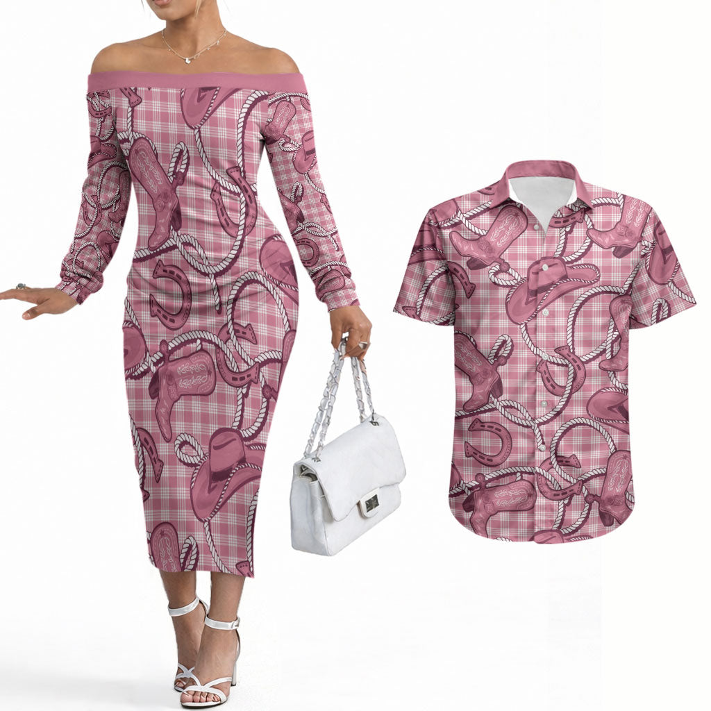 Pink Hawaii Palaka Cowboy Couples Matching Off The Shoulder Long Sleeve Dress and Hawaiian Shirt Hawaiian Paniolo Festival Spirit