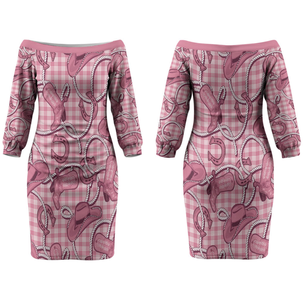 Pink Hawaii Palaka Cowboy Couples Matching Off The Shoulder Long Sleeve Dress and Hawaiian Shirt Hawaiian Paniolo Festival Spirit