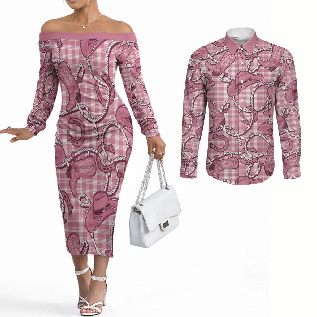 Pink Hawaii Palaka Cowboy Couples Matching Off The Shoulder Long Sleeve Dress and Long Sleeve Button Shirt Hawaiian Paniolo Festival Spirit