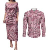 Pink Hawaii Palaka Cowboy Couples Matching Puletasi and Long Sleeve Button Shirt Hawaiian Paniolo Festival Spirit
