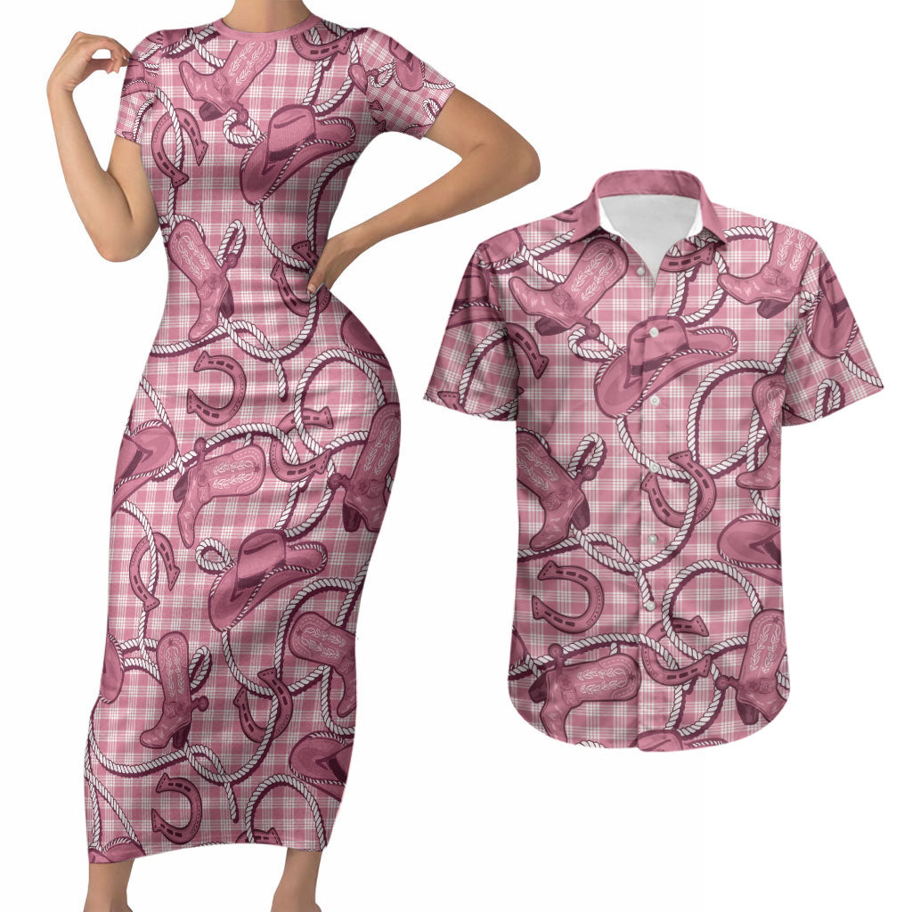 Pink Hawaii Palaka Cowboy Couples Matching Short Sleeve Bodycon Dress and Hawaiian Shirt Hawaiian Paniolo Festival Spirit LT19 Pink - Polynesian Pride