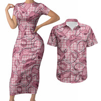 Pink Hawaii Palaka Cowboy Couples Matching Short Sleeve Bodycon Dress and Hawaiian Shirt Hawaiian Paniolo Festival Spirit
