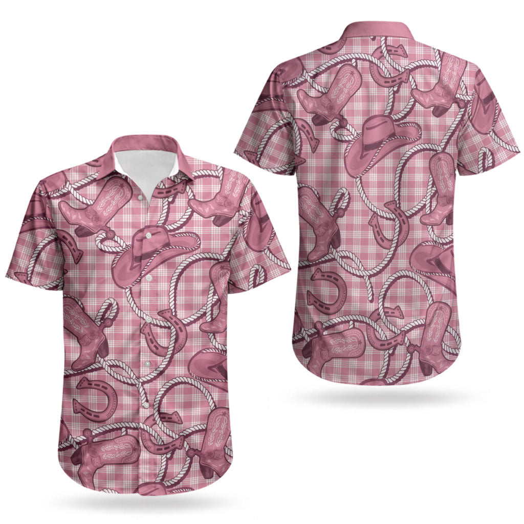 Pink Hawaii Palaka Cowboy Couples Matching Short Sleeve Bodycon Dress and Hawaiian Shirt Hawaiian Paniolo Festival Spirit