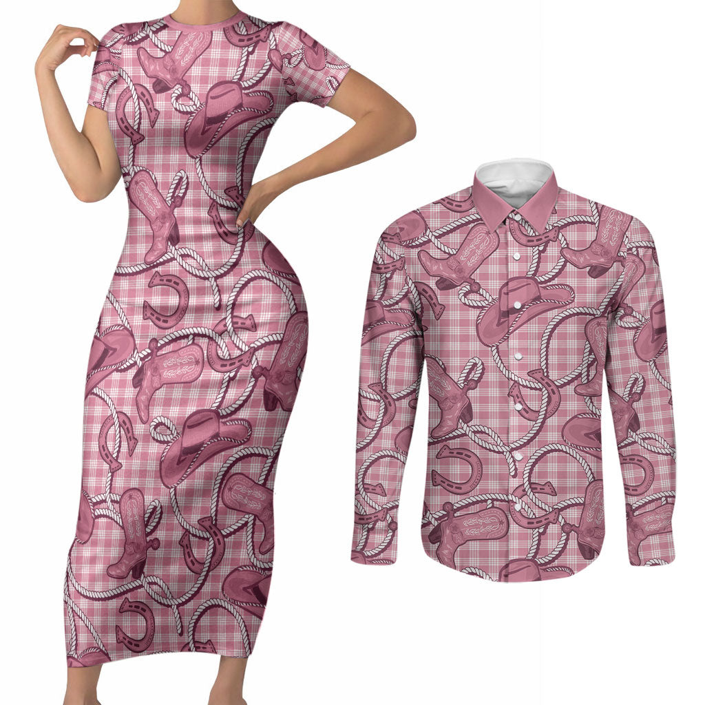 Pink Hawaii Palaka Cowboy Couples Matching Short Sleeve Bodycon Dress and Long Sleeve Button Shirt Hawaiian Paniolo Festival Spirit