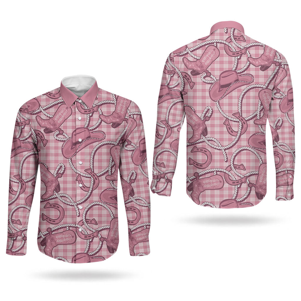 Pink Hawaii Palaka Cowboy Couples Matching Short Sleeve Bodycon Dress and Long Sleeve Button Shirt Hawaiian Paniolo Festival Spirit