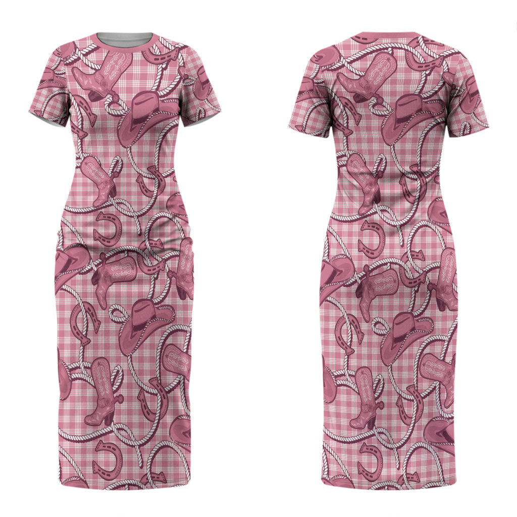 Pink Hawaii Palaka Cowboy Couples Matching Short Sleeve Bodycon Dress and Long Sleeve Button Shirt Hawaiian Paniolo Festival Spirit