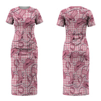 Pink Hawaii Palaka Cowboy Couples Matching Short Sleeve Bodycon Dress and Long Sleeve Button Shirt Hawaiian Paniolo Festival Spirit