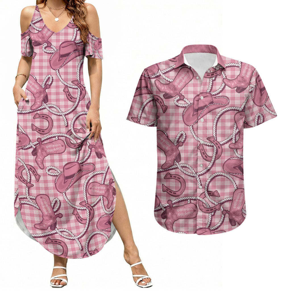 Pink Hawaii Palaka Cowboy Couples Matching Summer Maxi Dress and Hawaiian Shirt Hawaiian Paniolo Festival Spirit