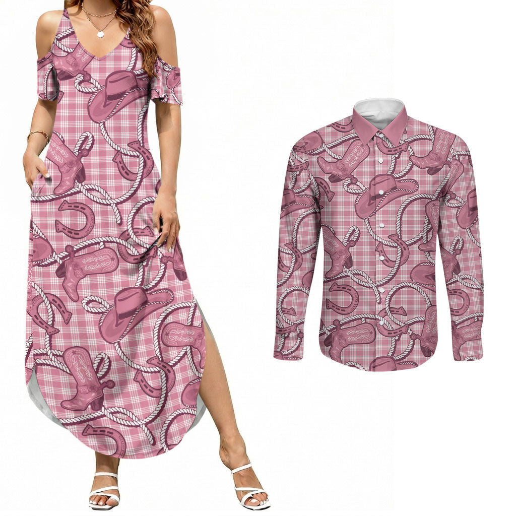 Pink Hawaii Palaka Cowboy Couples Matching Summer Maxi Dress and Long Sleeve Button Shirt Hawaiian Paniolo Festival Spirit