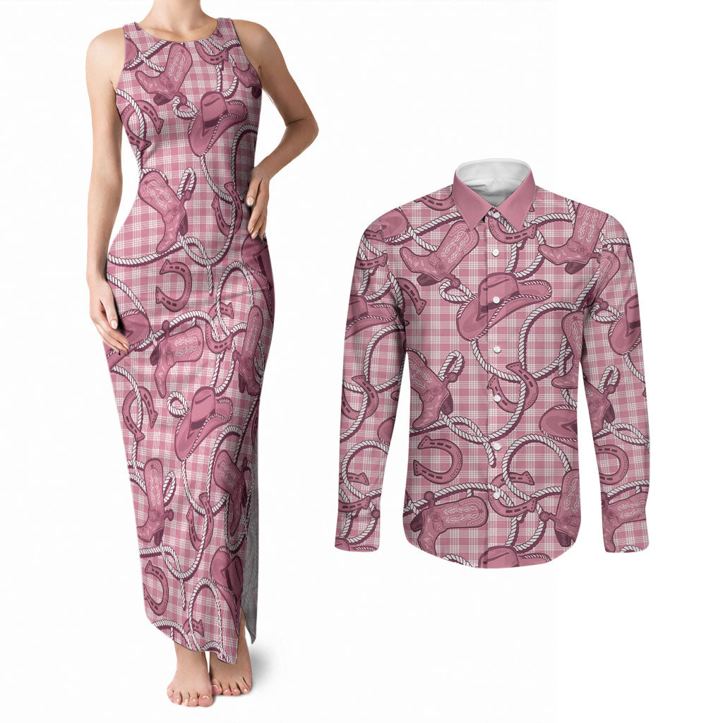 Pink Hawaii Palaka Cowboy Couples Matching Tank Maxi Dress and Long Sleeve Button Shirt Hawaiian Paniolo Festival Spirit