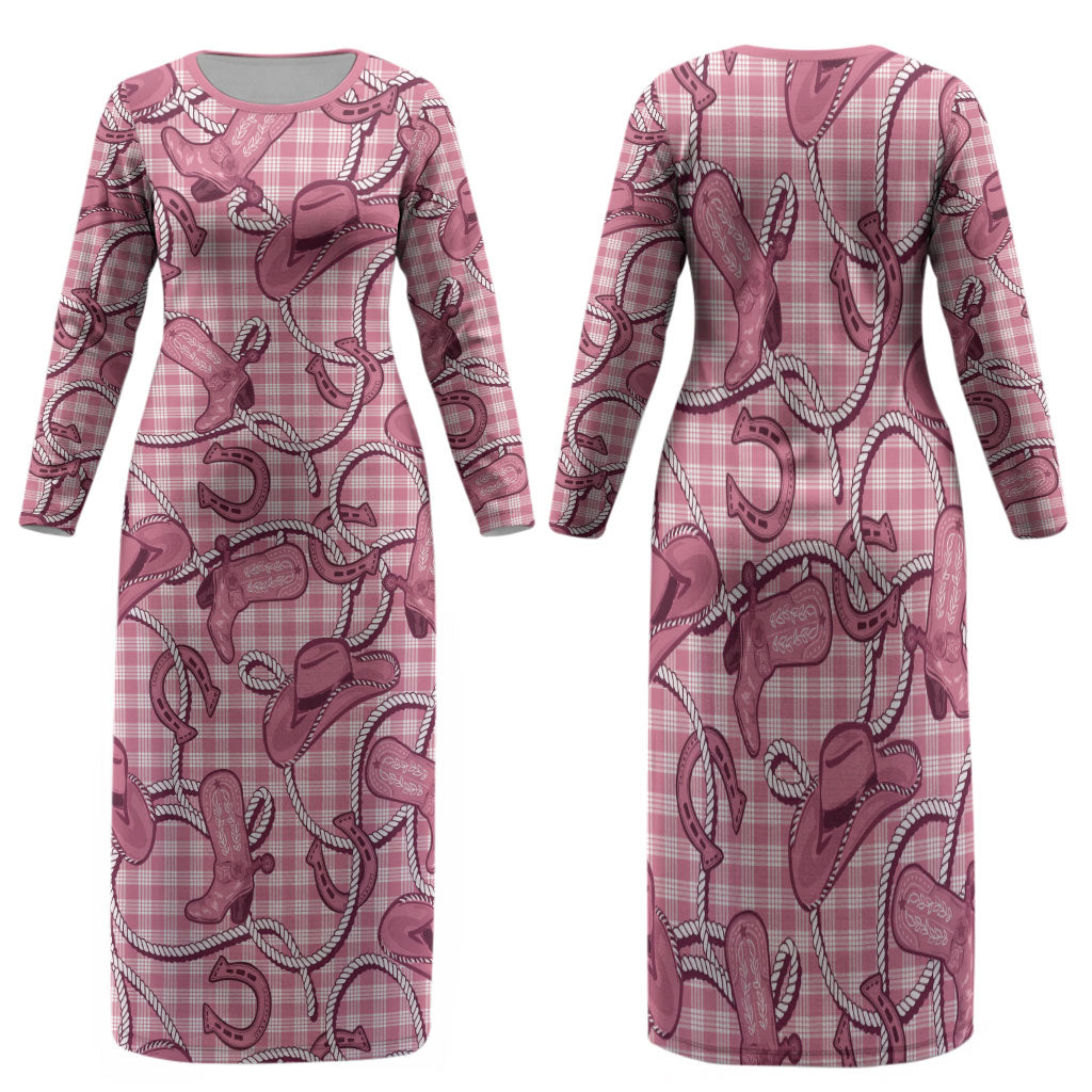 Pink Hawaii Palaka Cowboy Family Matching Long Sleeve Bodycon Dress and Hawaiian Shirt Hawaiian Paniolo Festival Spirit