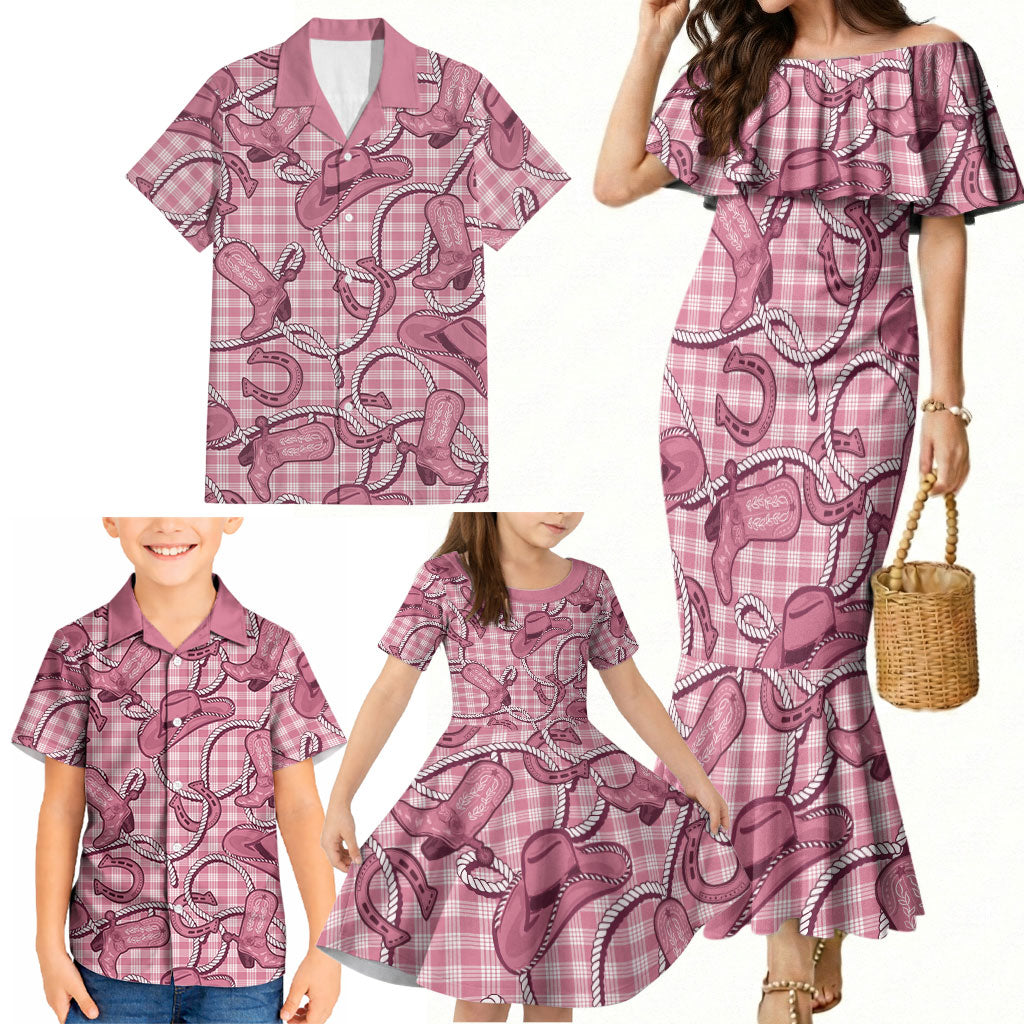 Pink Hawaii Palaka Cowboy Family Matching Mermaid Dress and Hawaiian Shirt Hawaiian Paniolo Festival Spirit