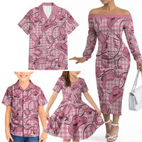 Pink Hawaii Palaka Cowboy Family Matching Off The Shoulder Long Sleeve Dress and Hawaiian Shirt Hawaiian Paniolo Festival Spirit