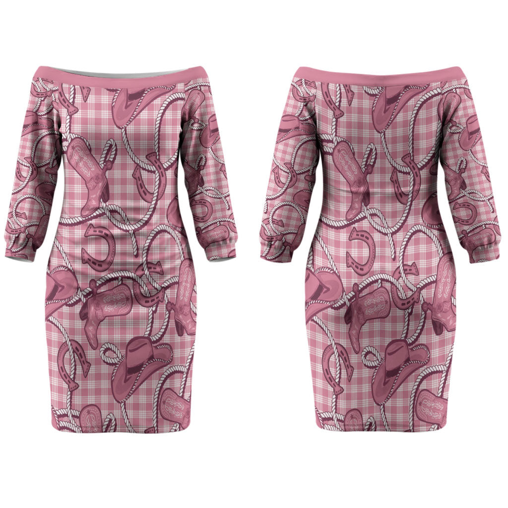 Pink Hawaii Palaka Cowboy Family Matching Off The Shoulder Long Sleeve Dress and Hawaiian Shirt Hawaiian Paniolo Festival Spirit
