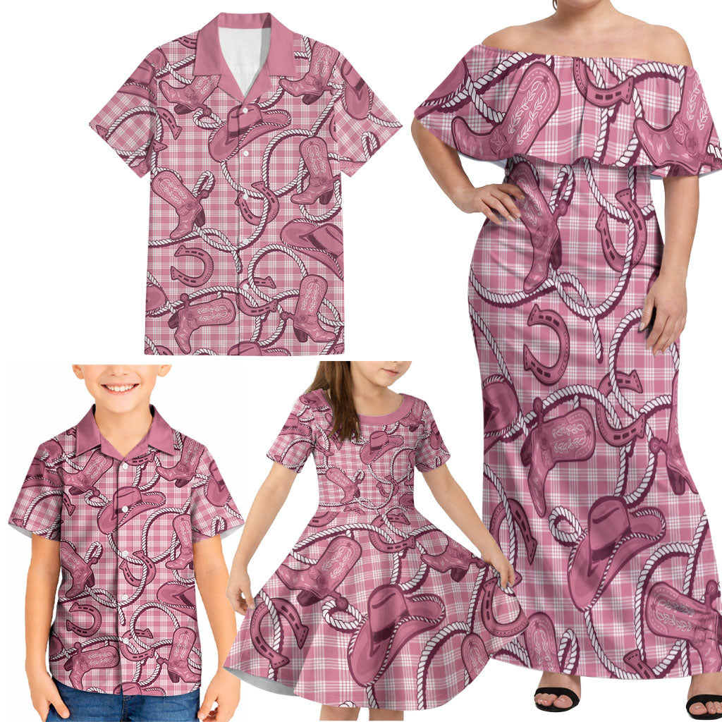 Pink Hawaii Palaka Cowboy Family Matching Off Shoulder Maxi Dress and Hawaiian Shirt Hawaiian Paniolo Festival Spirit