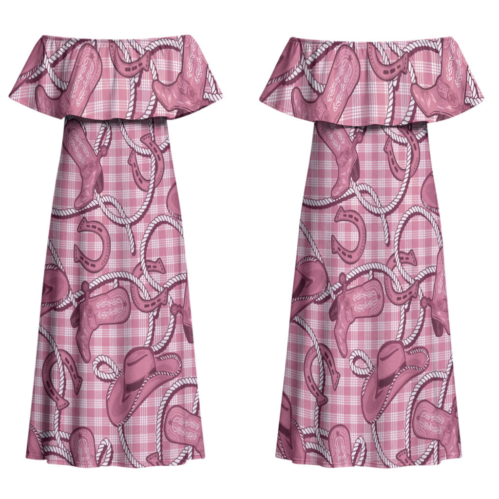 Pink Hawaii Palaka Cowboy Family Matching Off Shoulder Maxi Dress and Hawaiian Shirt Hawaiian Paniolo Festival Spirit