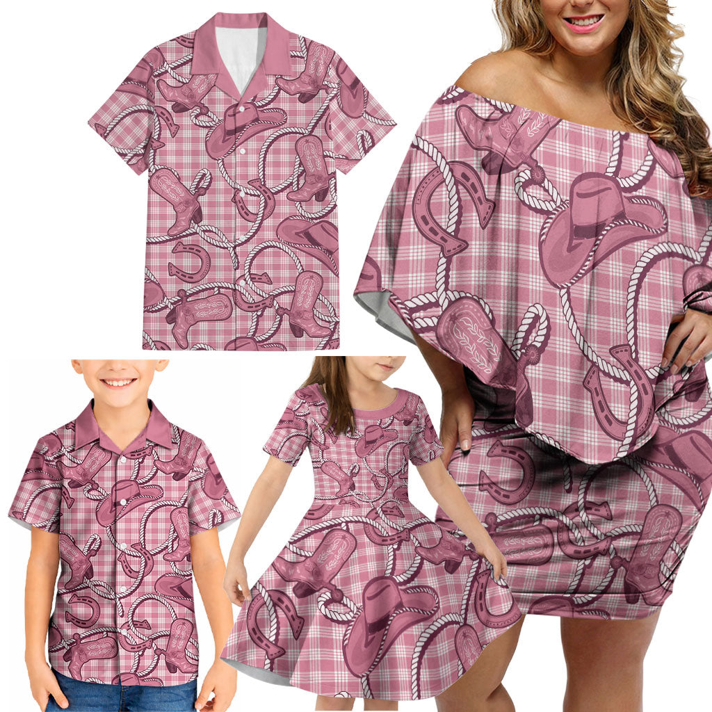 Pink Hawaii Palaka Cowboy Family Matching Off Shoulder Short Dress and Hawaiian Shirt Hawaiian Paniolo Festival Spirit