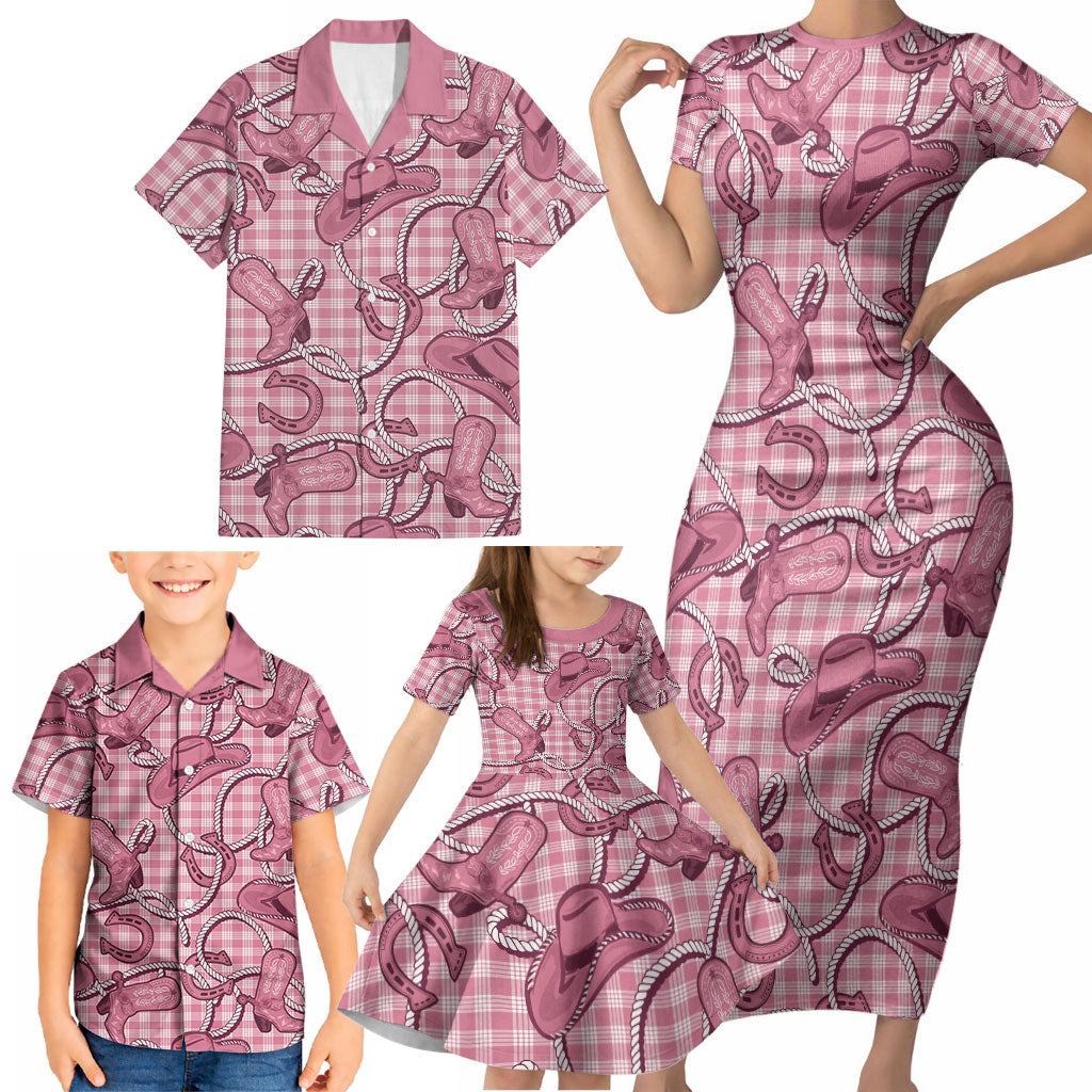 Pink Hawaii Palaka Cowboy Family Matching Short Sleeve Bodycon Dress and Hawaiian Shirt Hawaiian Paniolo Festival Spirit