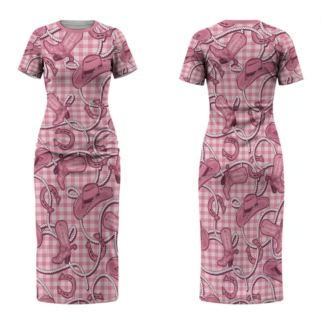 Pink Hawaii Palaka Cowboy Family Matching Short Sleeve Bodycon Dress and Hawaiian Shirt Hawaiian Paniolo Festival Spirit