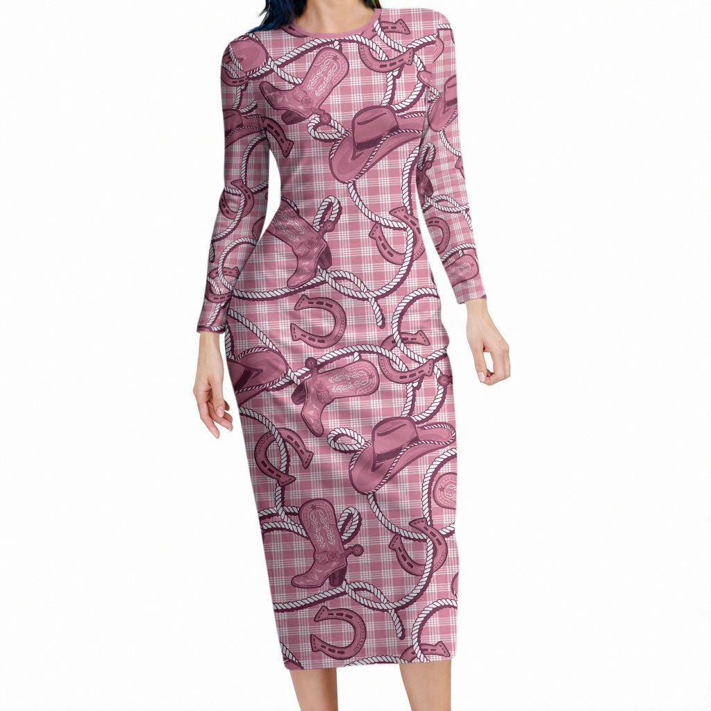 Pink Hawaii Palaka Cowboy Long Sleeve Bodycon Dress Hawaiian Paniolo Festival Spirit