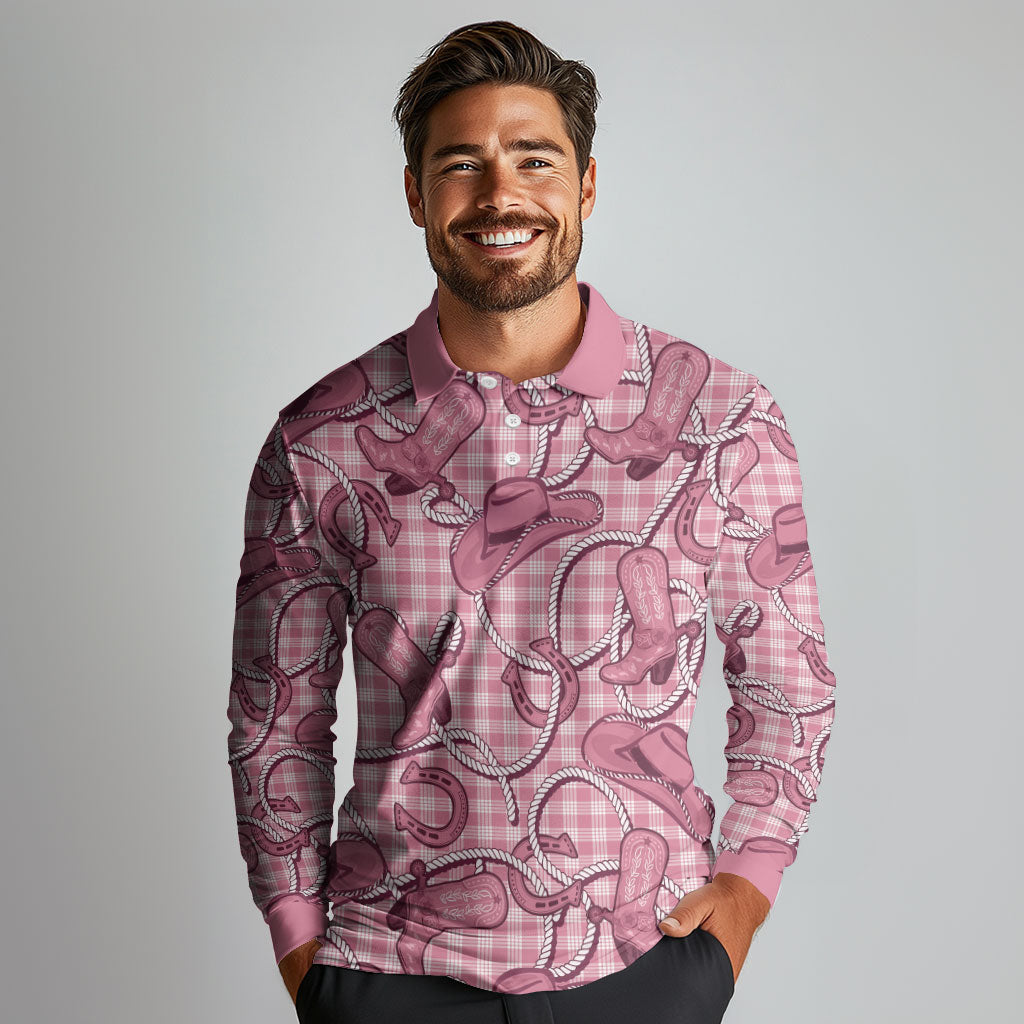 Pink Hawaii Palaka Cowboy Long Sleeve Polo Shirt Hawaiian Paniolo Festival Spirit