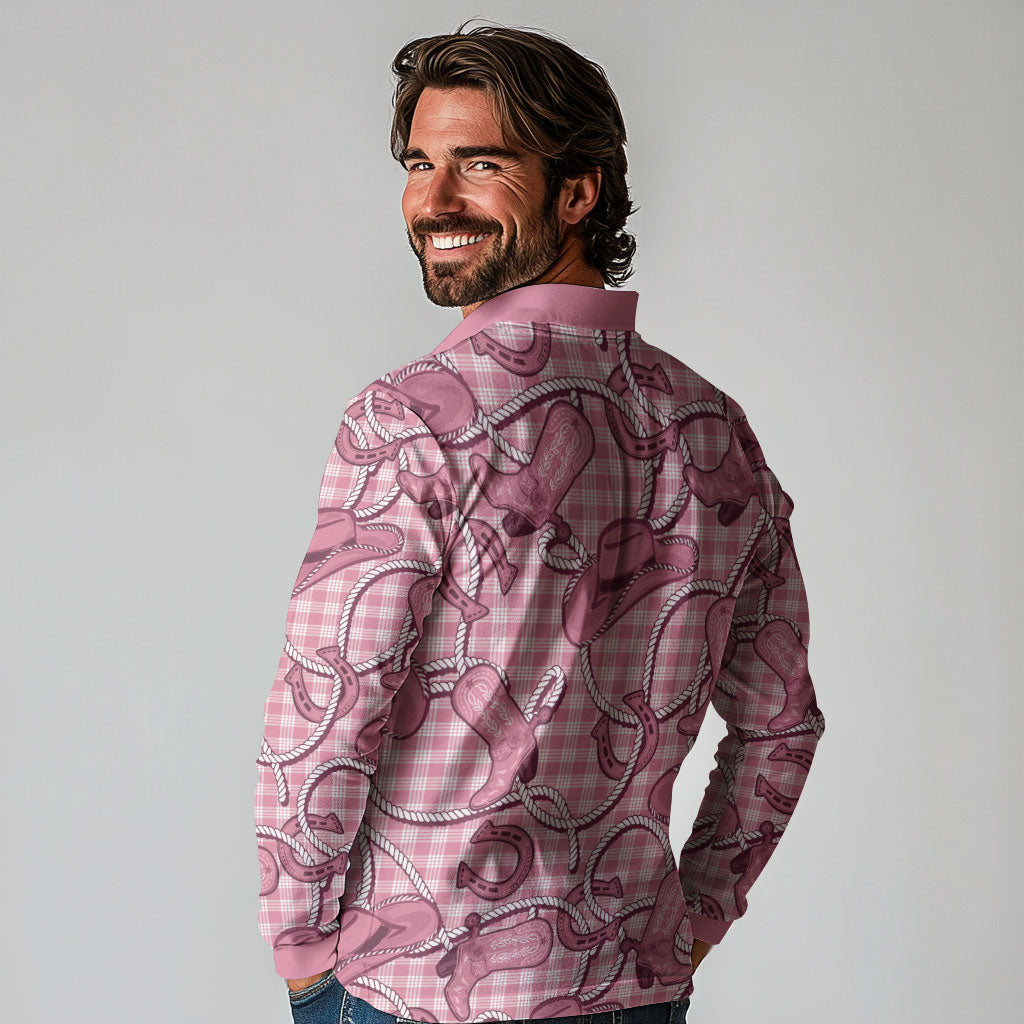 Pink Hawaii Palaka Cowboy Long Sleeve Polo Shirt Hawaiian Paniolo Festival Spirit