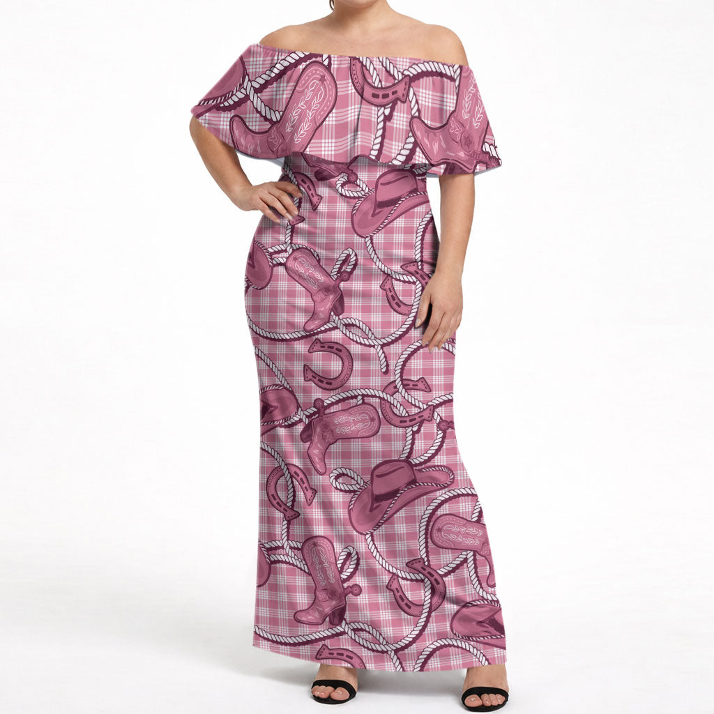 Pink Hawaii Palaka Cowboy Off Shoulder Maxi Dress Hawaiian Paniolo Festival Spirit
