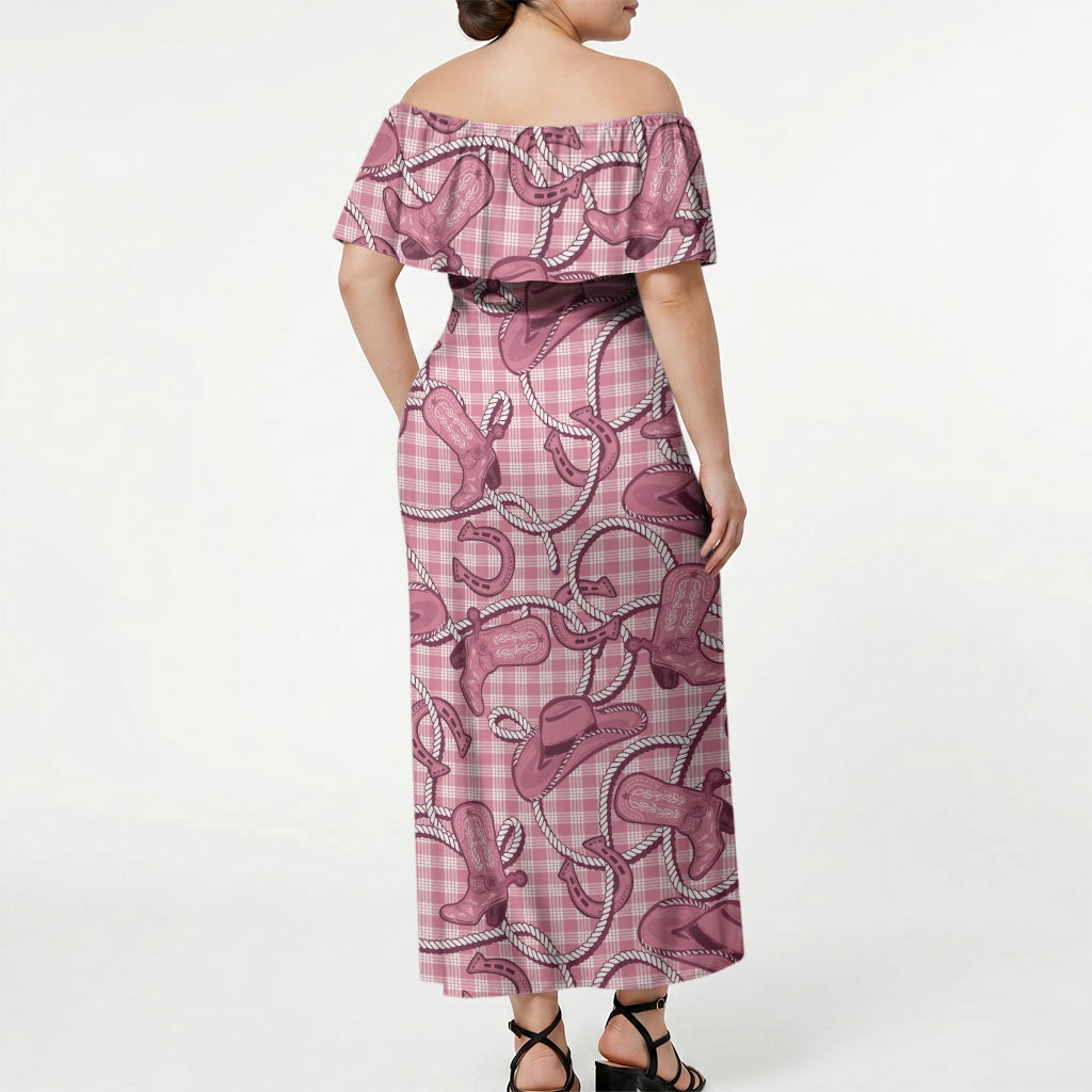 Pink Hawaii Palaka Cowboy Off Shoulder Maxi Dress Hawaiian Paniolo Festival Spirit