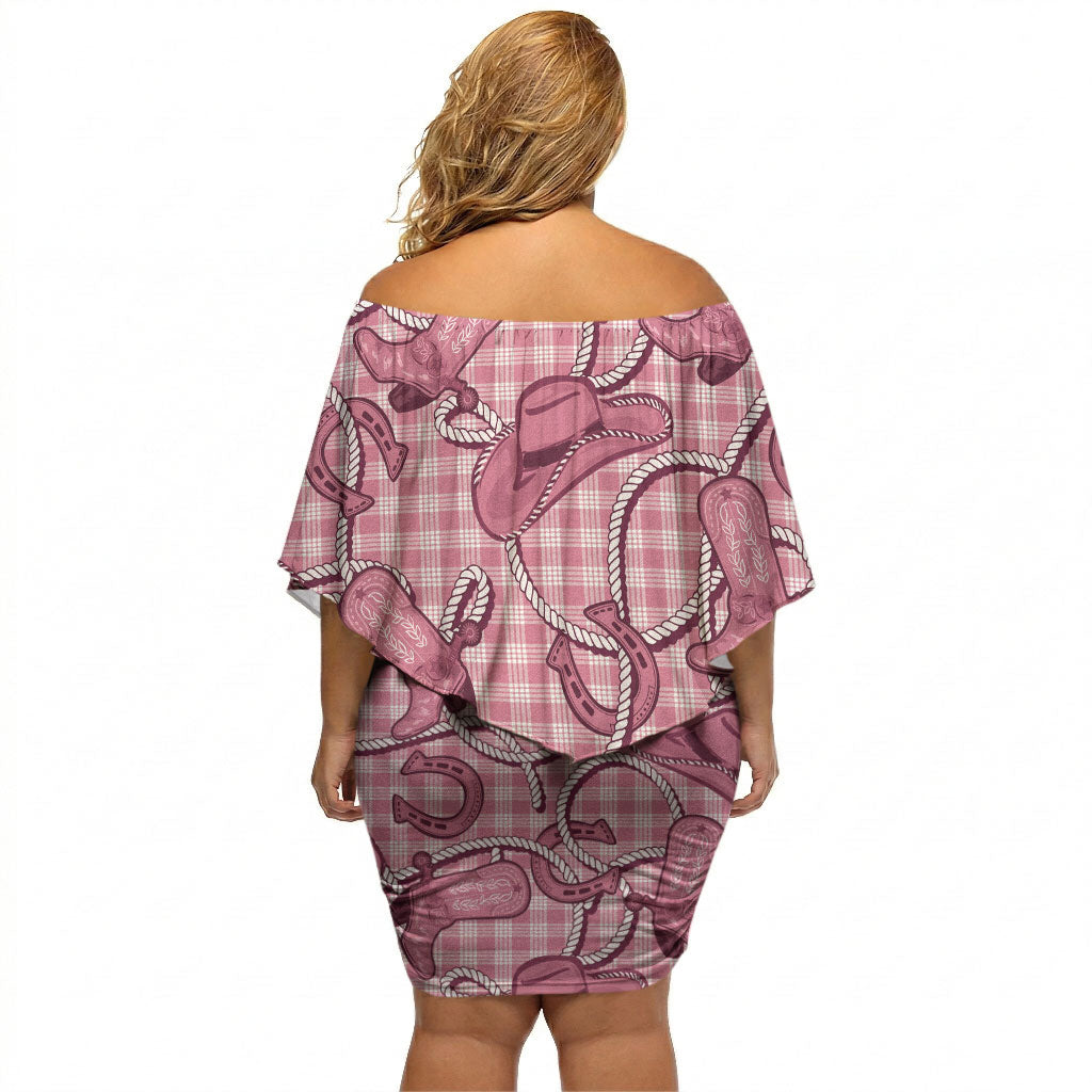 Pink Hawaii Palaka Cowboy Off Shoulder Short Dress Hawaiian Paniolo Festival Spirit