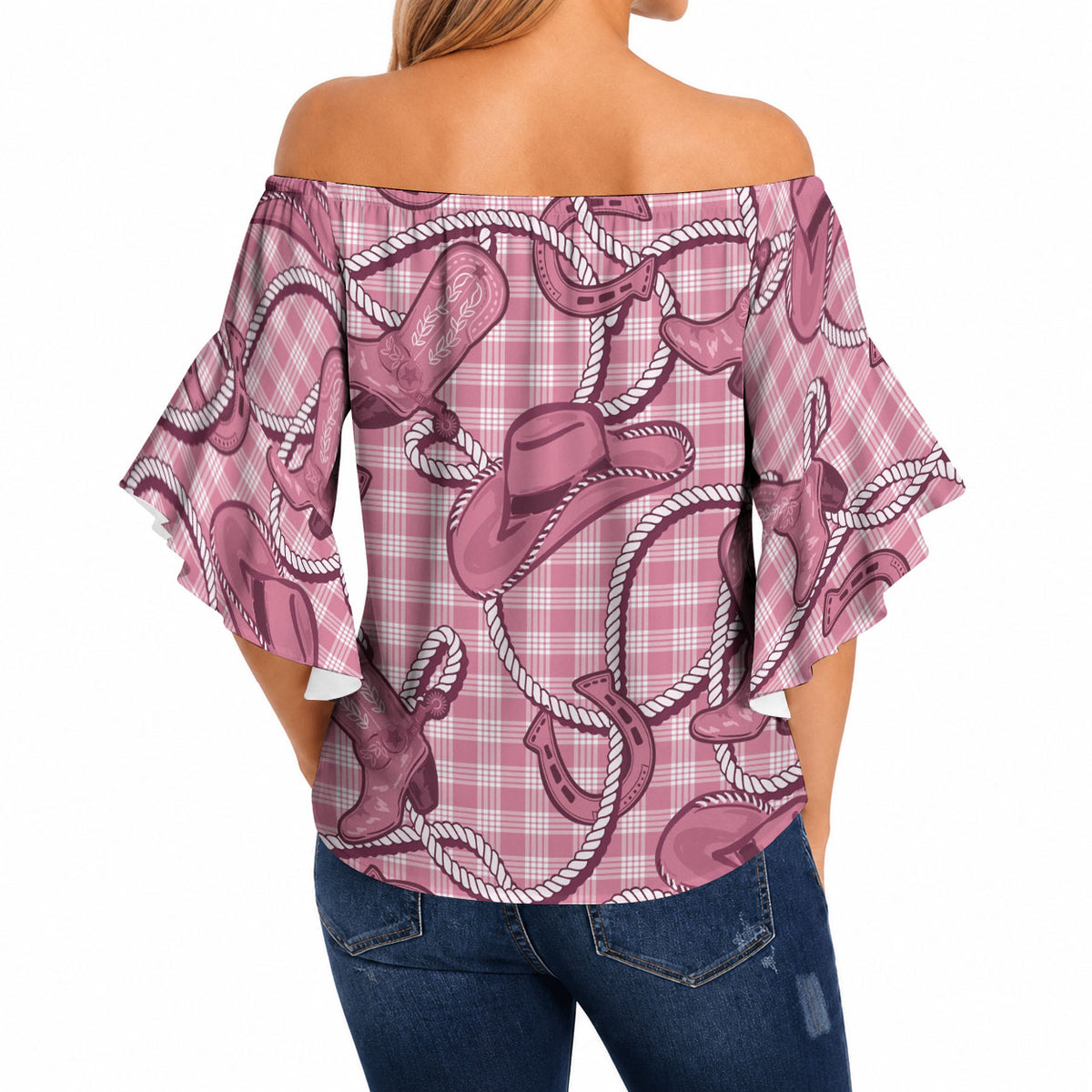 Pink Hawaii Palaka Cowboy Off Shoulder Wrap Waist Top Hawaiian Paniolo Festival Spirit