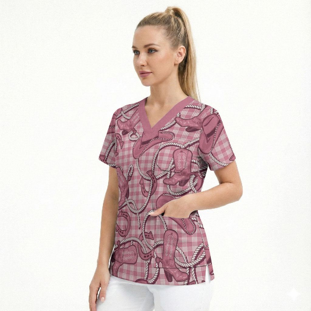Pink Hawaii Palaka Cowboy Scrub Top Hawaiian Paniolo Festival Spirit