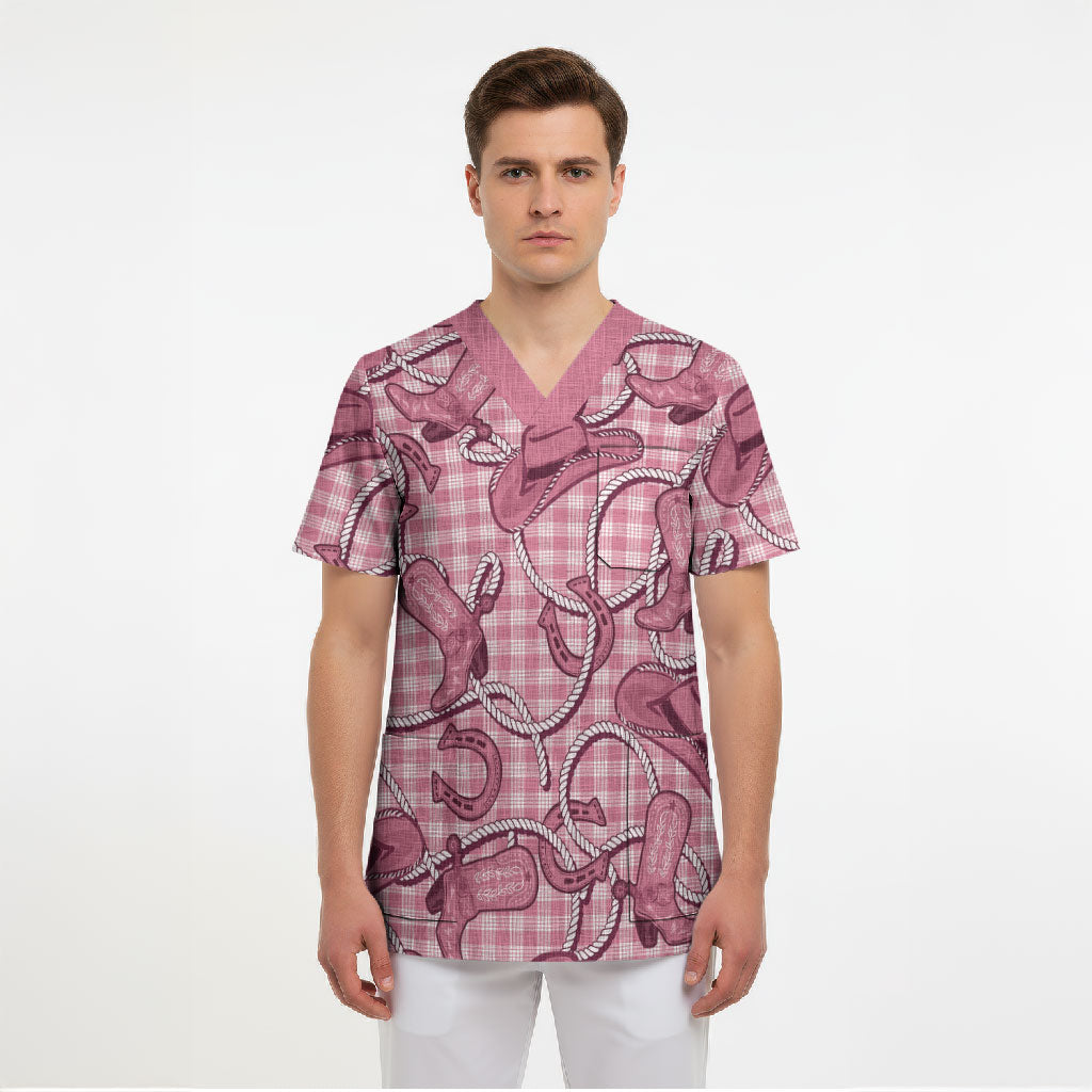 Pink Hawaii Palaka Cowboy Scrub Top Hawaiian Paniolo Festival Spirit