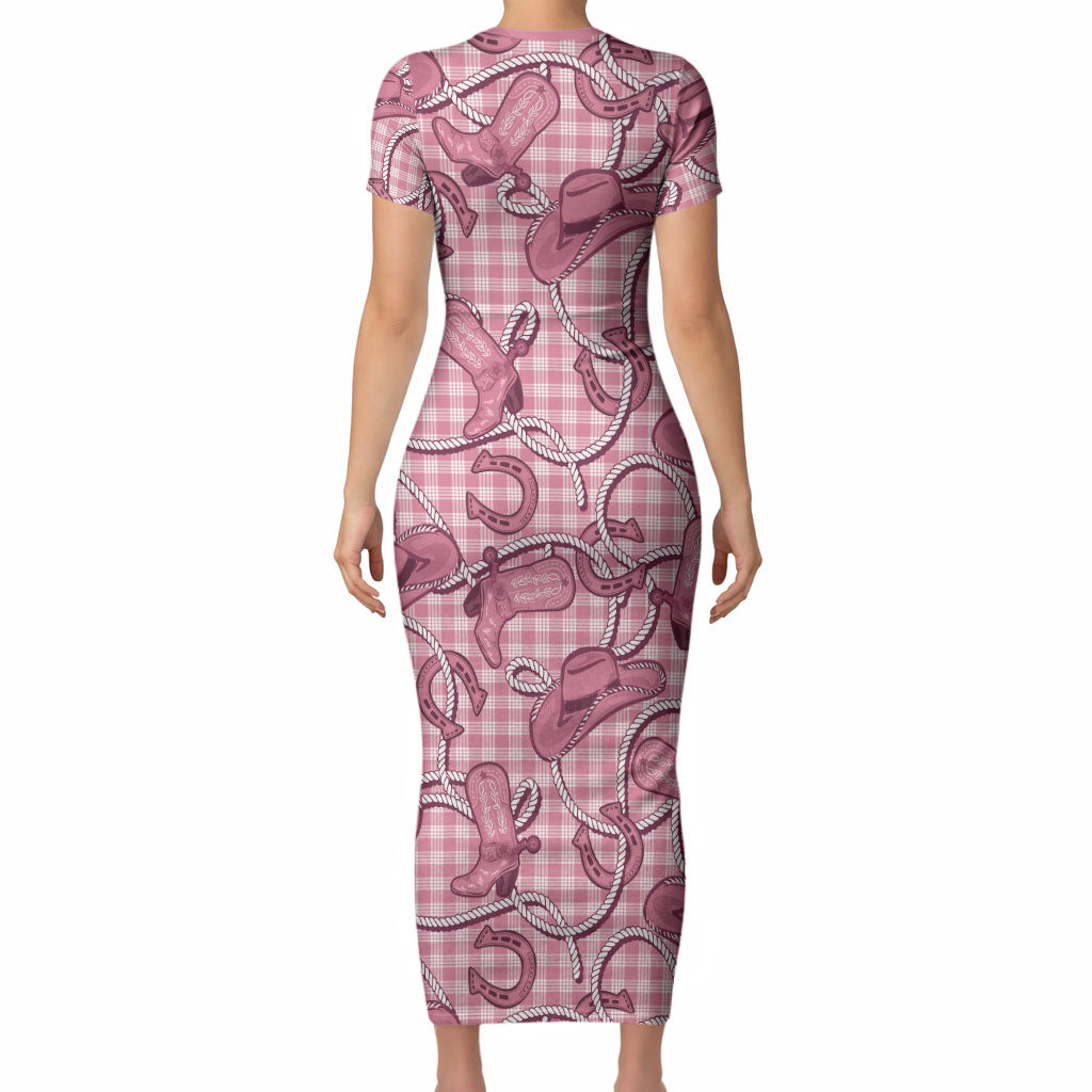 Pink Hawaii Palaka Cowboy Short Sleeve Bodycon Dress Hawaiian Paniolo Festival Spirit